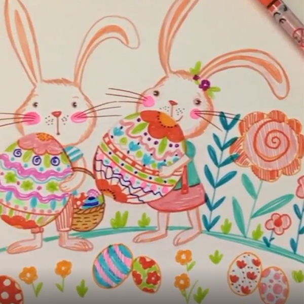 Zwei fröhliche Hasen halten bunte Ostereier im Garten, umgeben von Blumen.