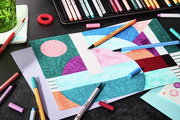 buntstifte, künstlermaterialien, zeichnungspapier, geometrisches design, markern