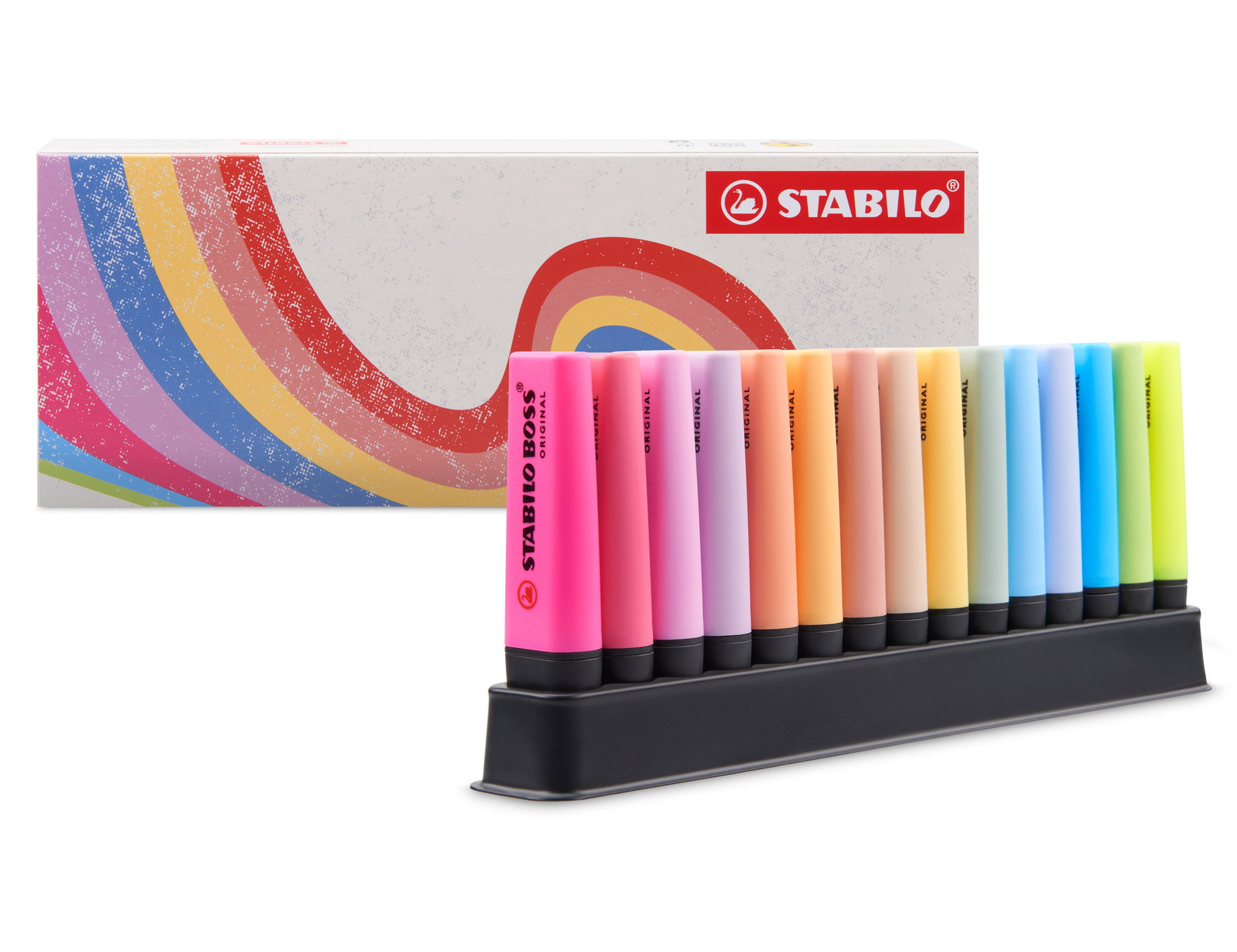 Textmarker STABILO BOSS ORIGINAL 15er Tischset - 3 Leuchtfarben, 9 Pastellfarben und 3 Textmarkern in natürlichen Tönen Textmarker STABILO BOSS ORIGINAL, Hochlighters-Set, Neon-Marker, Bunte Marker, Pastellmarker, Staedtler-Stil