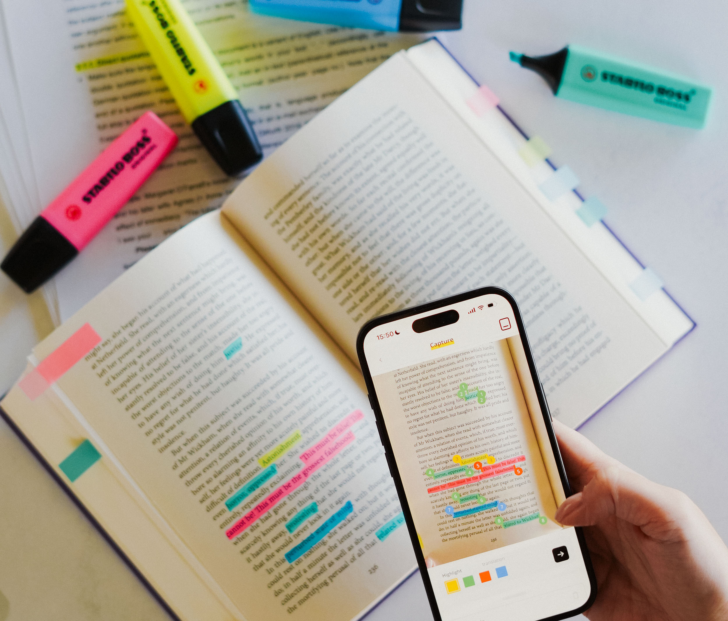 highlighter, marker, study, book, phone