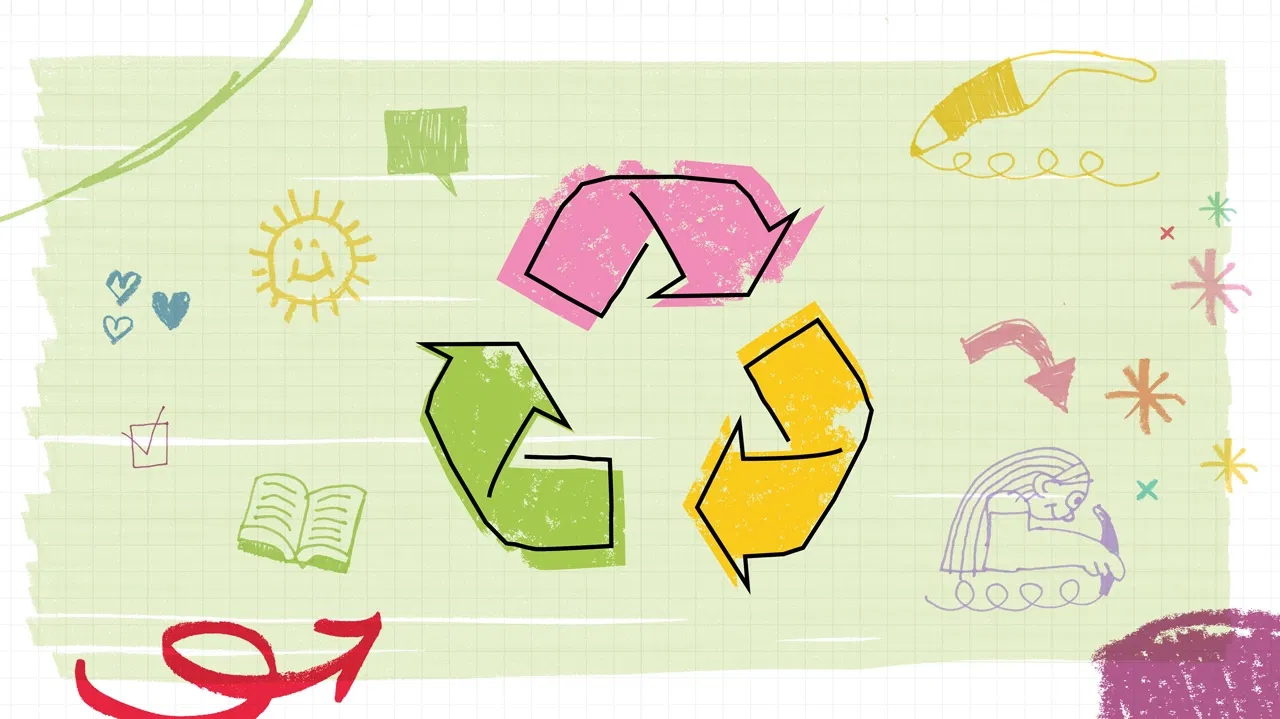 Drawing of the recycling symbol and various scribbles