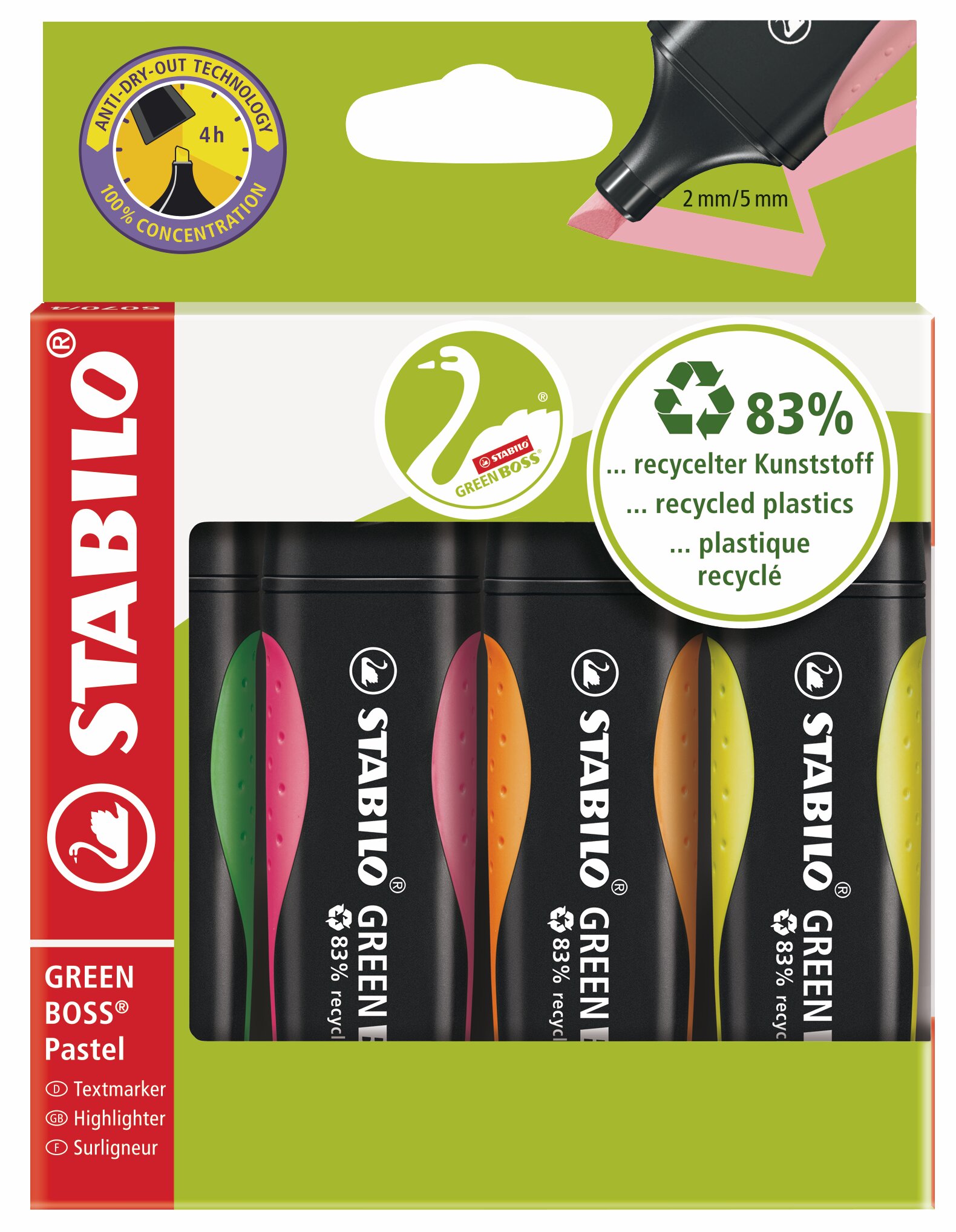 Surligneur en plastique recyclé à 83 % STABILO GREEN BOSS Text Marqueurs STABILO GREEN BOSS