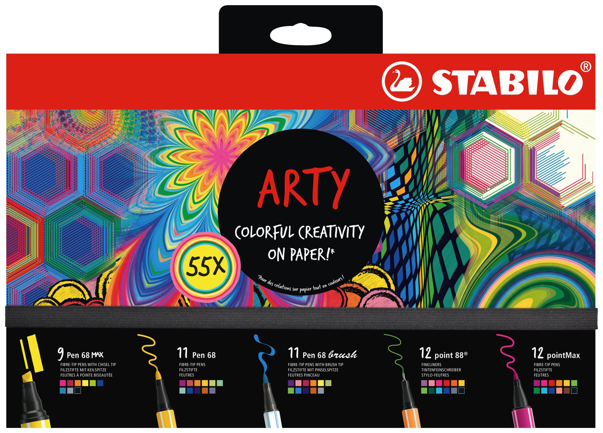 art supplies, colorful paper, art markers, brush pens, packaging design