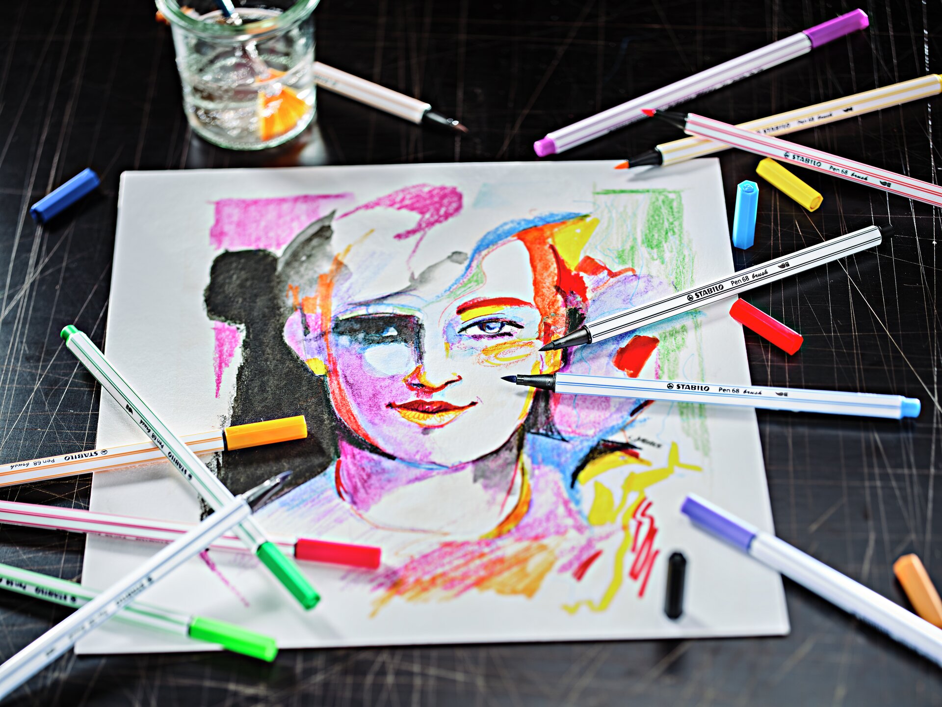Fasermaler STABILO Pen 68 brush, zeichnung, künstlerisch, bunt, portrait, marker