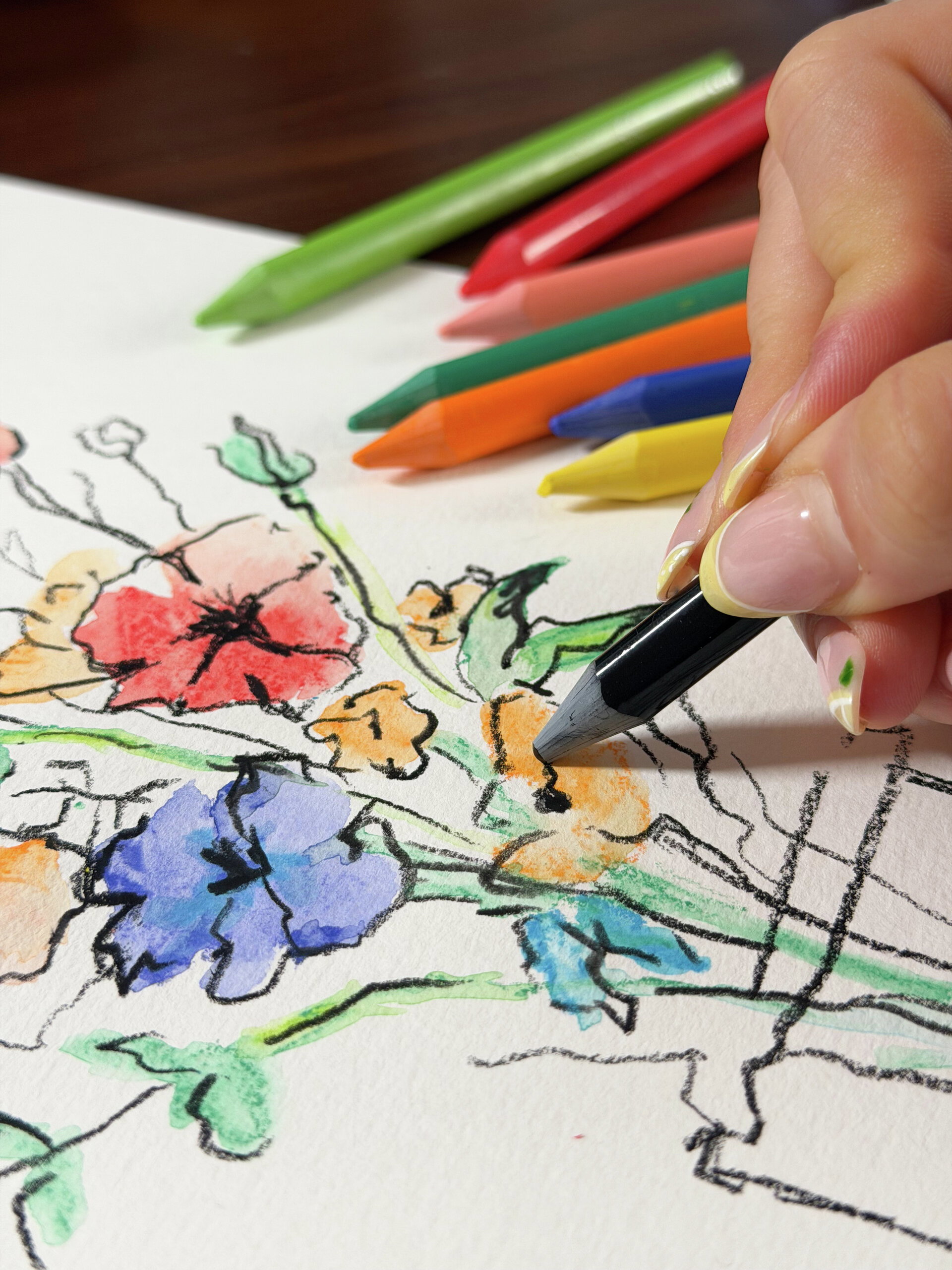 Buntstift, Schwarzer Stift, Buntstifte-Set, Blumenzeichnung, Papier