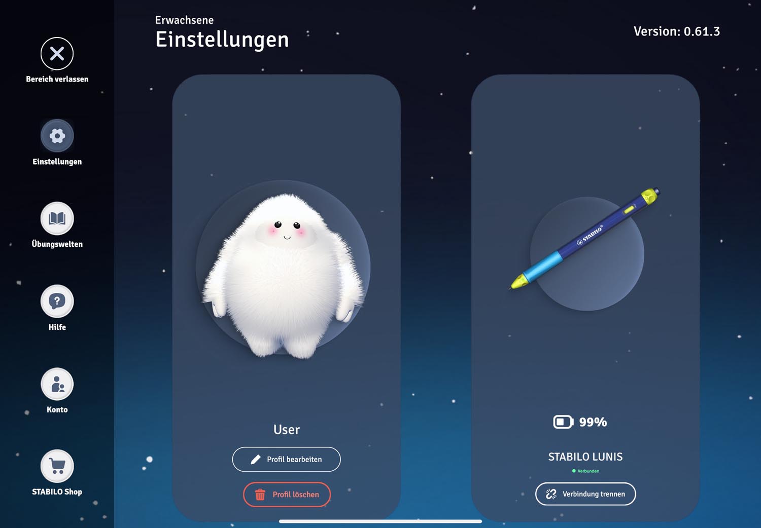 App Screen vom Elternbereich mit Akkustand des  STABILO LUNIS graph und Userprofil, Stift, Natur, Nacht, Draußen, Stift, Natur, Nacht, Draußen
