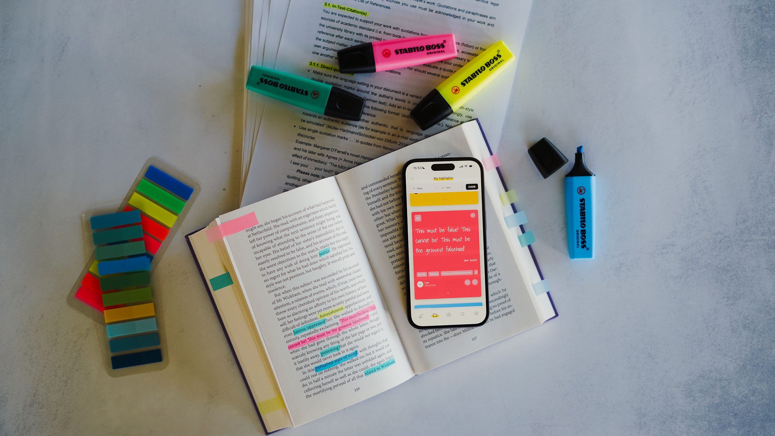 highlighter, markers, sticky notes, Buch, Telefon