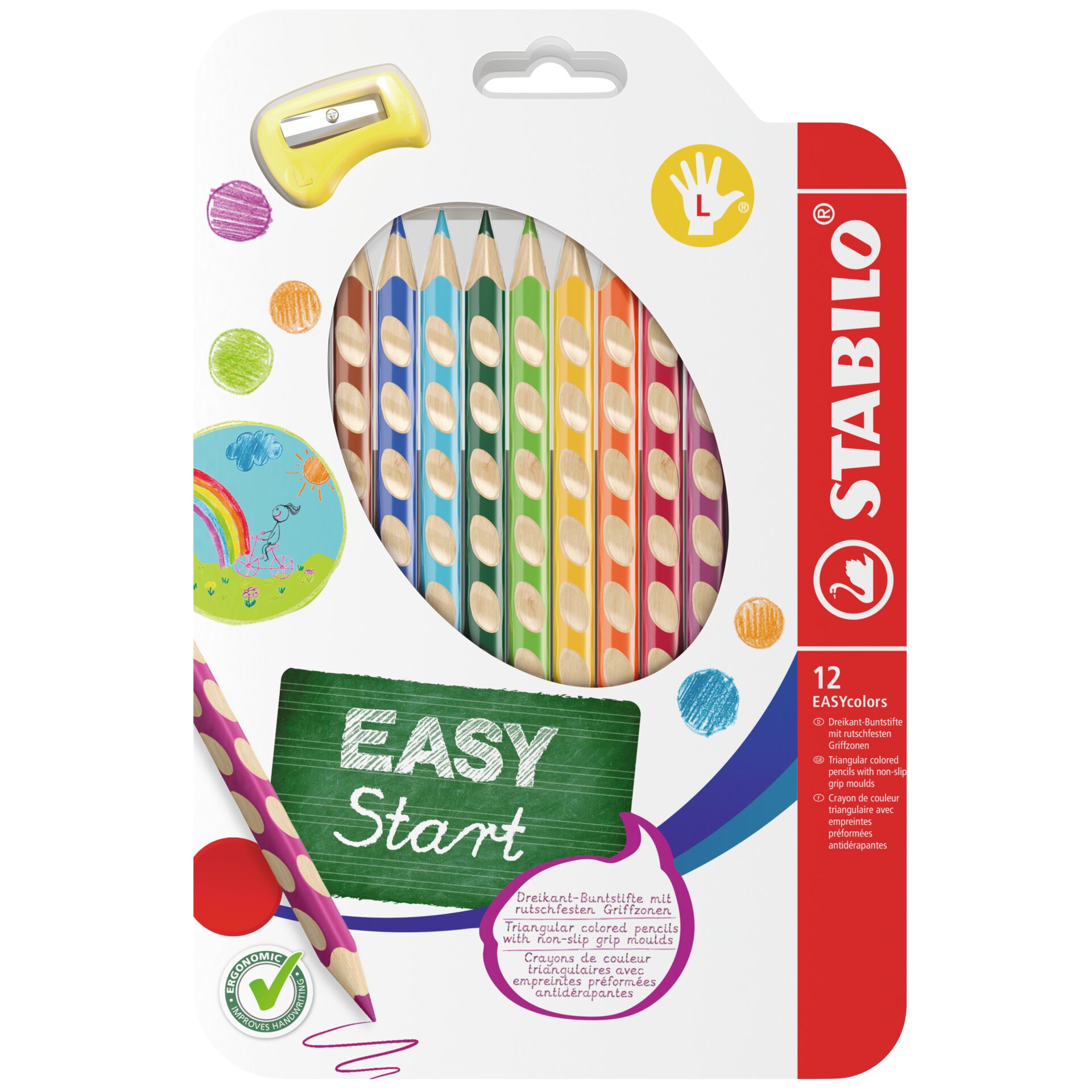 STABILO EASYcolors – 12 Crayons De Couleur Ergonomiques Gaucher + Taille-Crayon – Triangulaires, Mine Robuste 4,2 Mm