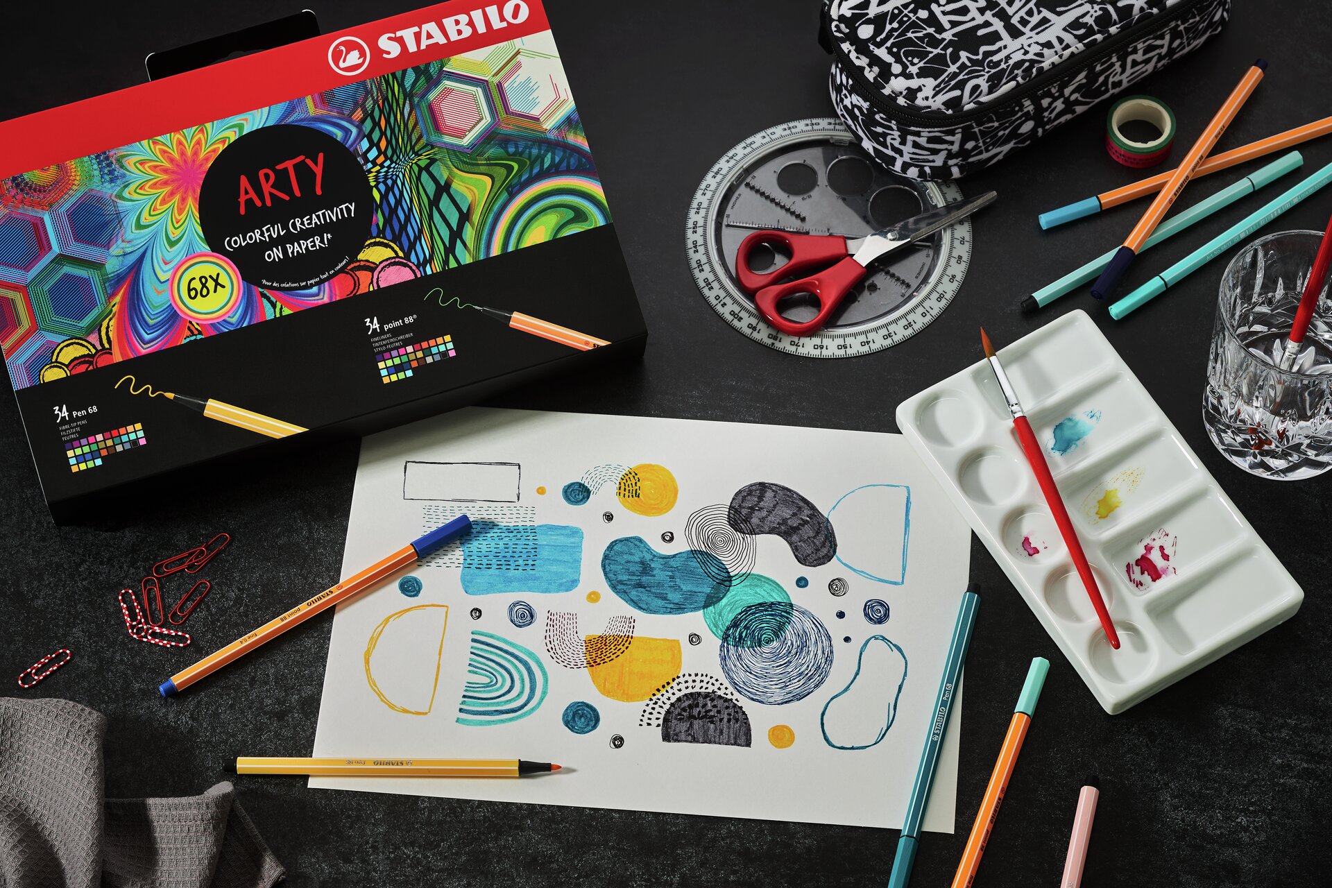 Malkissen, Buntstifte, Schm inkset, Papierskizze, Schneidwerkzeug