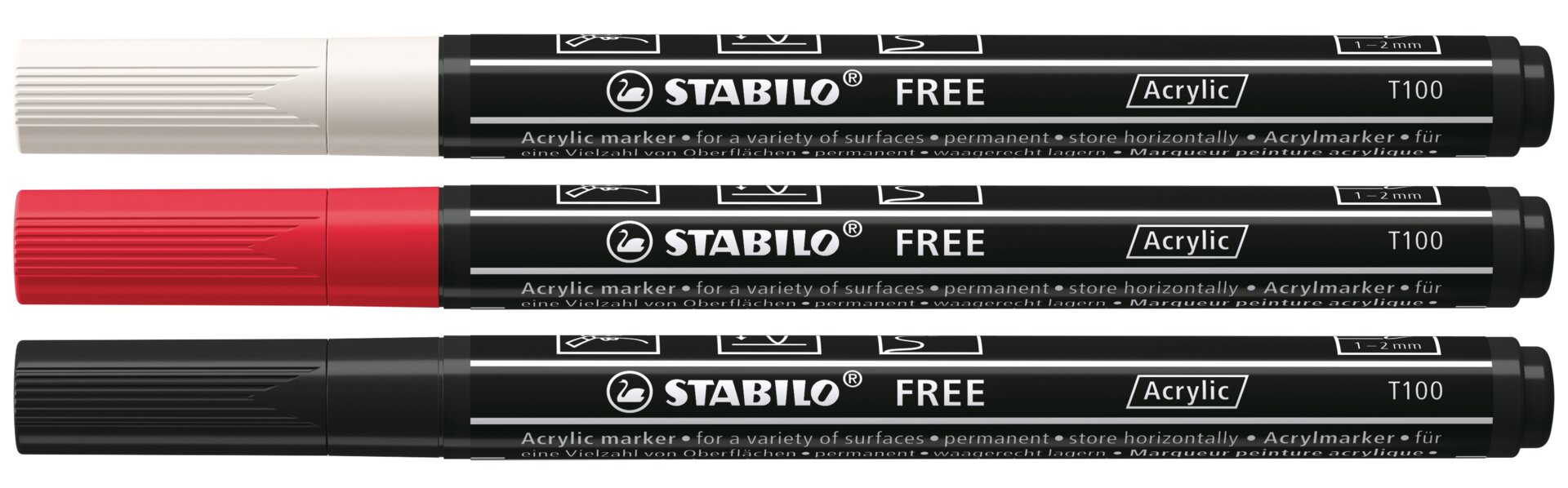 Marqueur peinture STABILO FREE Acrylic T100 Acrylmarker, Markerstift, Rote Kappe, Schwarzer Körper, T100