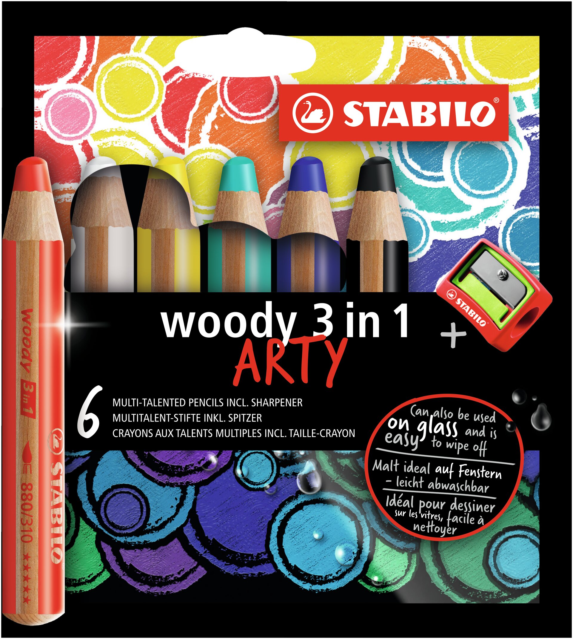 Buntstift STABILO woody 3 in 1 Buntstifte STABILO woody 3 in 1 ARTY, Buntstifte, 6er-Set, Holzstifte, Spitzer, Stabilo Art Series