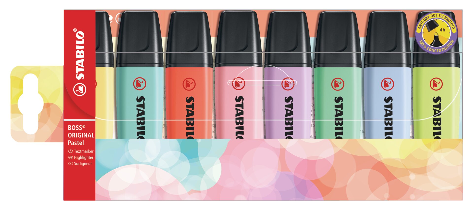 pastellmarker, textmarker, bunte marker, stift-set, stabilo