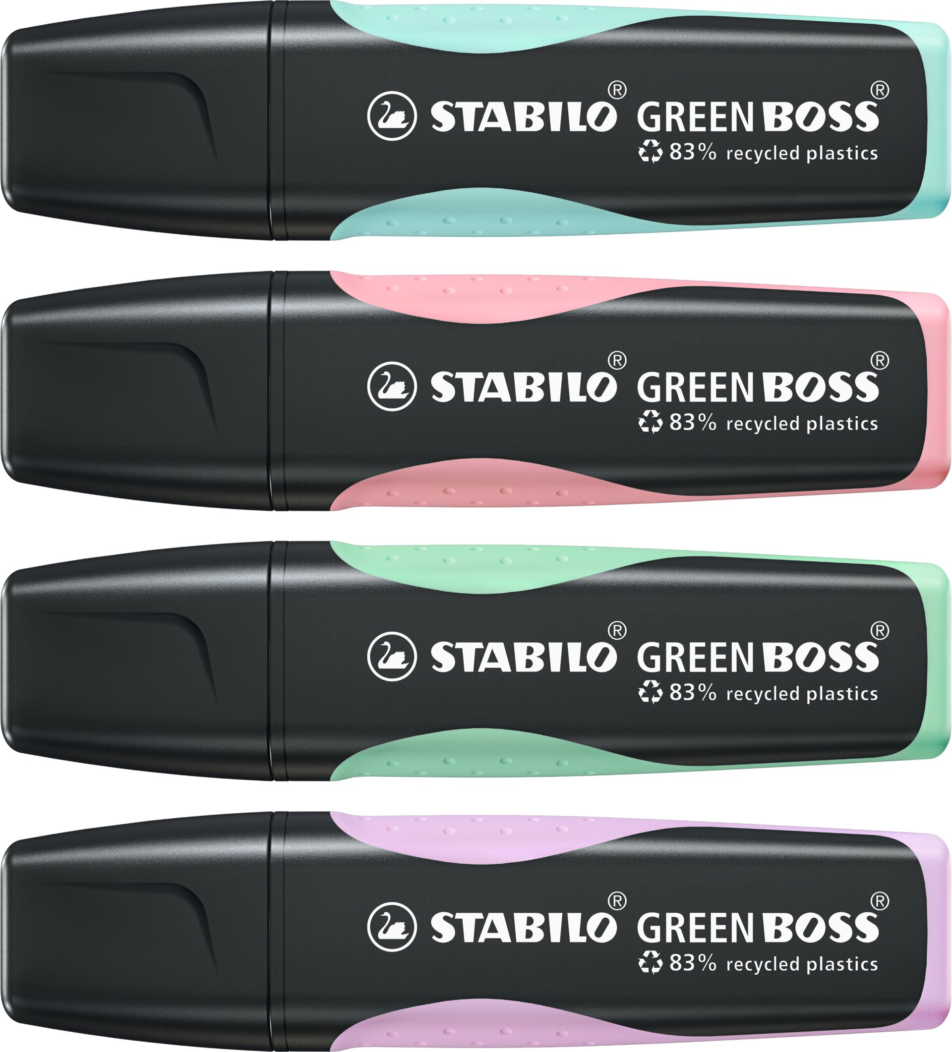 Textmarker aus 83 % recyceltem Kunststoff STABILO GREEN BOSS Pastel Schreibtischstift, Marker, Tintenstift, Gummi-Griff, recycelte Kunststoffe